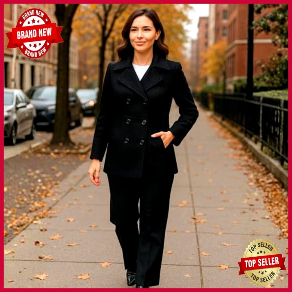 Wool Blend Peacoat Double Breasted 3/4 Length Coat Women's Outerwear - Picture 3 of 7